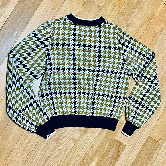 WHO WHAT WEAR Houndstooth Sweater Black Ochre Brown Crew Neck Size Medium - Picture 3 of 6